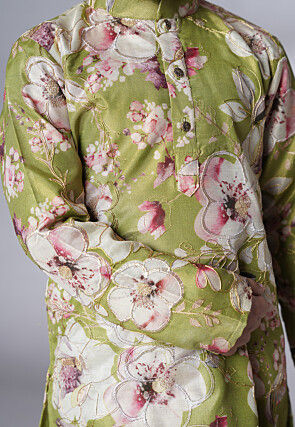 Digital Printed Dupion Silk Kurta Set in Green