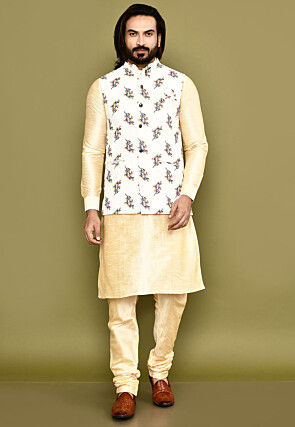 Digital Printed Dupion Silk Kurta Set in Light Beige and White