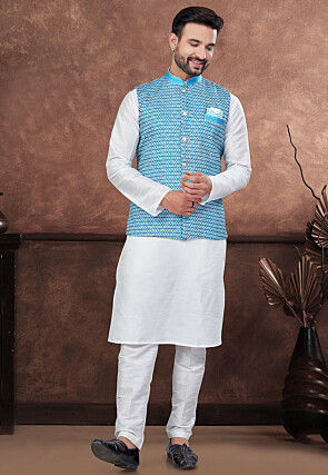 Digital Printed Dupion Silk Kurta Set in Off White and Sky Blue