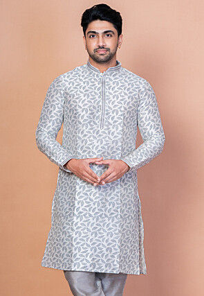 Digital Printed Dupion Silk Kurta in Off White