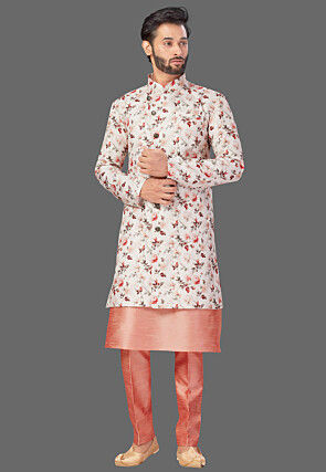 Digital Printed Art Silk Sherwani in Off White and Peach
