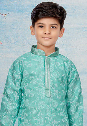 Digital Printed Dupion Silk Kurta Set in Sea Green