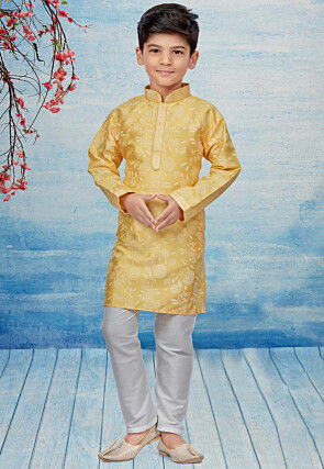 Digital Printed Dupion Silk Kurta Set in Yellow