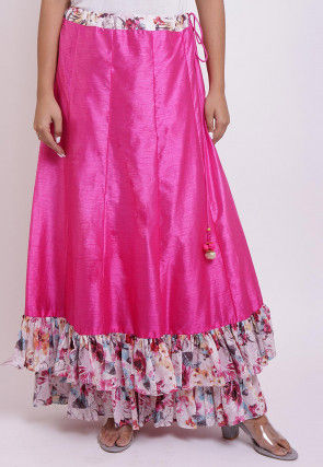 Digital Printed Dupion Silk Layered Ruffled Skirt in Fuchsia