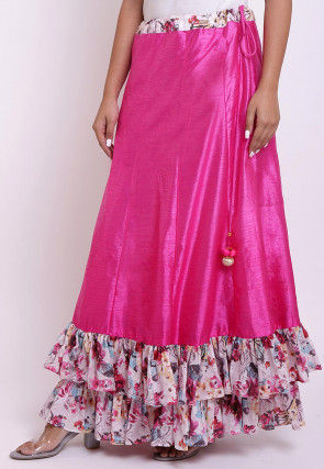 Digital Printed Dupion Silk Layered Ruffled Skirt in Fuchsia