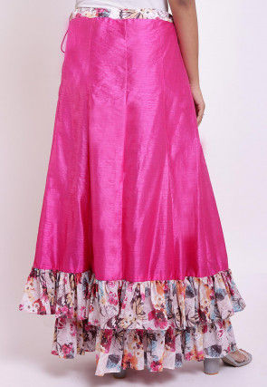 Digital Printed Dupion Silk Layered Ruffled Skirt in Fuchsia