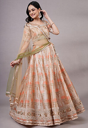 Digital Printed Dupion Silk Lehenga in Beige