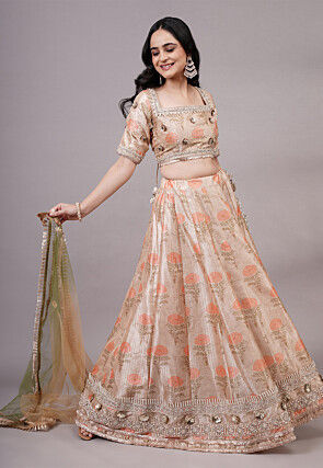 Digital Printed Dupion Silk Lehenga in Beige