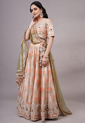 Digital Printed Dupion Silk Lehenga in Beige