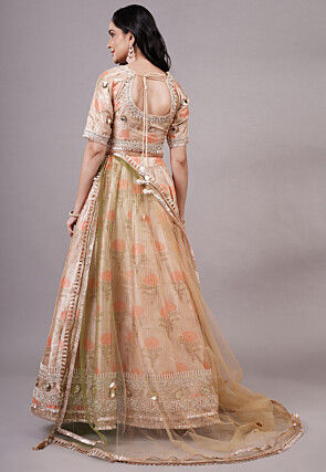 Digital Printed Dupion Silk Lehenga in Beige