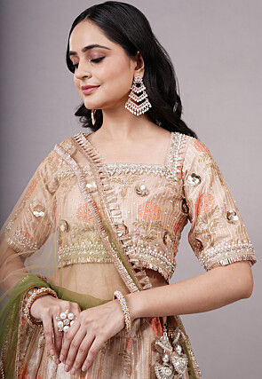 Digital Printed Dupion Silk Lehenga in Beige