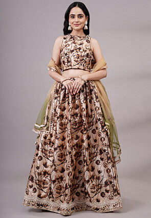 Digital Printed Dupion Silk Lehenga in Beige
