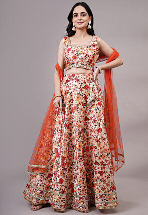 Digital Printed Dupion Silk Lehenga in Beige