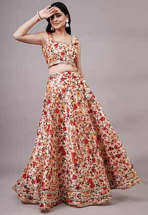 Digital Printed Dupion Silk Lehenga in Beige