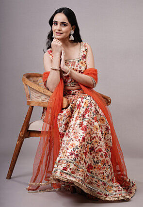 Digital Printed Dupion Silk Lehenga in Beige