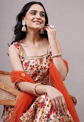 Digital Printed Dupion Silk Lehenga in Beige