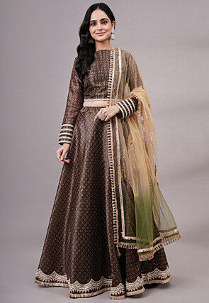 Digital Printed Dupion Silk Lehenga in Brown