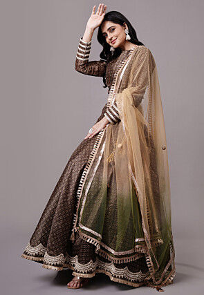 Digital Printed Dupion Silk Lehenga in Brown