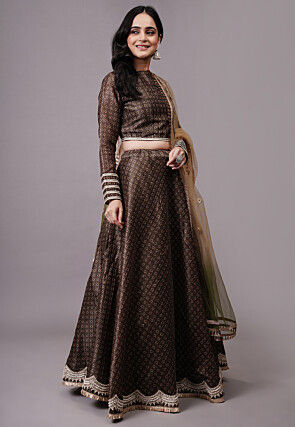 Digital Printed Dupion Silk Lehenga in Brown