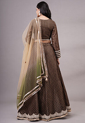 Digital Printed Dupion Silk Lehenga in Brown