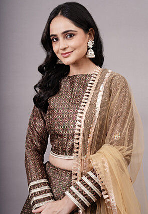 Digital Printed Dupion Silk Lehenga in Brown