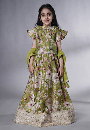 Digital Printed Dupion Silk Lehenga in Dusty Green