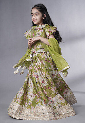 Digital Printed Dupion Silk Lehenga in Dusty Green