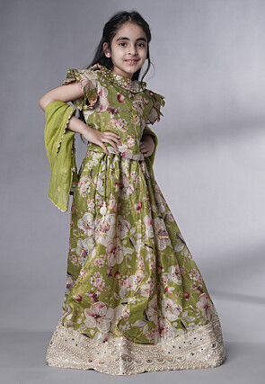 Digital Printed Dupion Silk Lehenga in Dusty Green