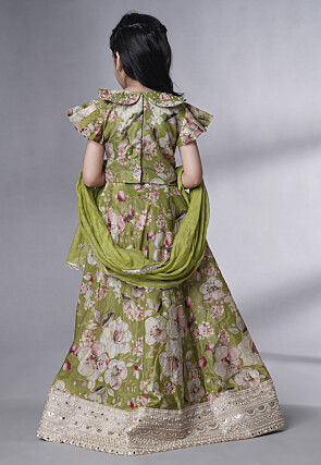 Digital Printed Dupion Silk Lehenga in Dusty Green