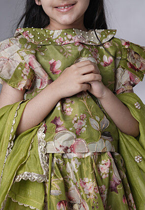 Digital Printed Dupion Silk Lehenga in Dusty Green