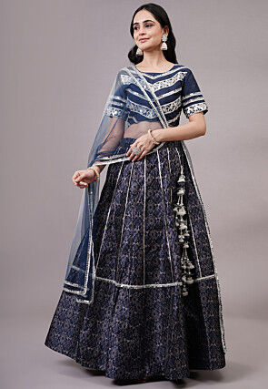 Digital Printed Dupion Silk Lehenga in Navy Blue