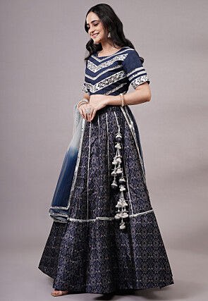 Digital Printed Dupion Silk Lehenga in Navy Blue