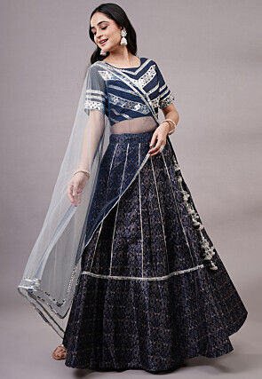 Digital Printed Dupion Silk Lehenga in Navy Blue