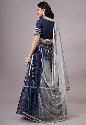 Digital Printed Dupion Silk Lehenga in Navy Blue