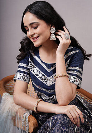 Digital Printed Dupion Silk Lehenga in Navy Blue