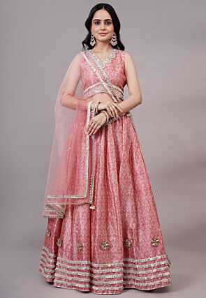 Digital Printed Dupion Silk Lehenga in Peach