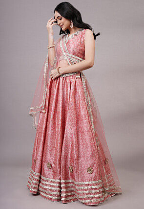 Digital Printed Dupion Silk Lehenga in Peach