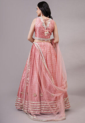 Digital Printed Dupion Silk Lehenga in Peach