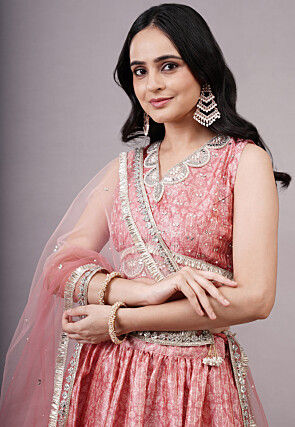 Digital Printed Dupion Silk Lehenga in Peach