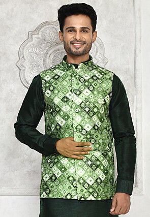 Digital Printed Dupion Silk Nehru Jacket in Green