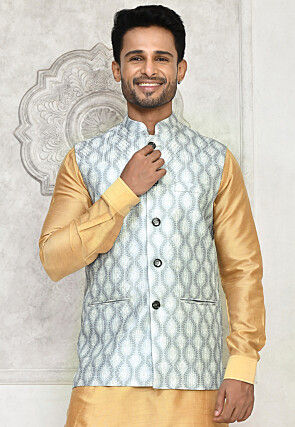 Digital Printed Dupion Silk Nehru Jacket in Light Grey