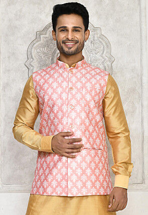 Digital Printed Dupion Silk Nehru Jacket in Peach
