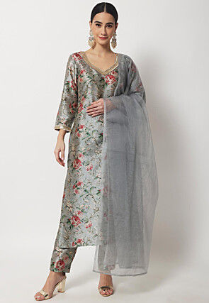 Digital Printed Dupion Silk Pakistani Suit in Light Grey