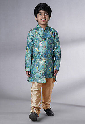 Digital Printed Dupion Silk Sherwani in Blue