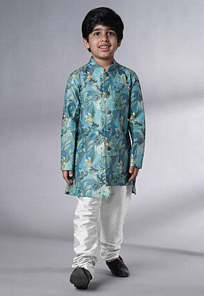 Digital Printed Dupion Silk Sherwani in Blue