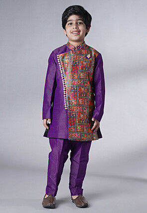 Digital Printed Dupion Silk Sherwani in Dark Purple