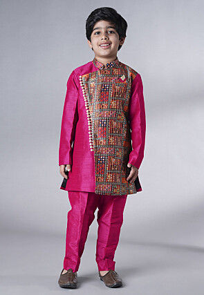 Digital Printed Dupion Silk Sherwani in Fuchsia