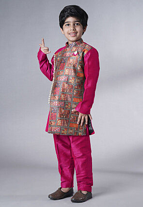 Digital Printed Dupion Silk Sherwani in Fuchsia