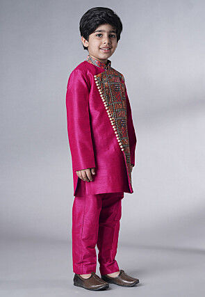 Digital Printed Dupion Silk Sherwani in Fuchsia
