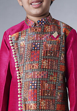 Digital Printed Dupion Silk Sherwani in Fuchsia